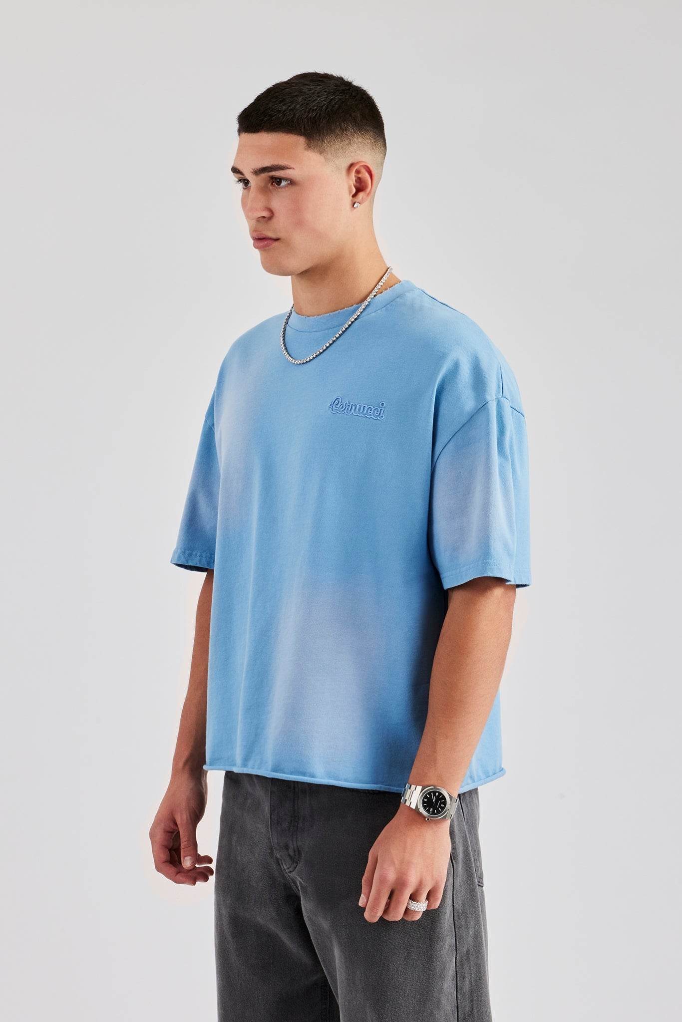 Boxy Washed Embroidered T-Shirt - Blue